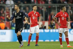 Her fejrer Real Madrids Christiano Ronaldo sit første mål i kvartfinalen i CL mod Bayern München. Foto: Matthias Schrader