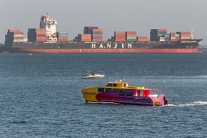 Flere af Hanjins containerskibe flyder rundt på verdenshavene og får ikke lov at komme i land, fordi rederiet er gået konkurs og ikke kan betale sine regninger. Dermed ligger der værdier for milliarder i containerne, som ingen ved, hvad der skal ske med.  Foto: Damian Dovarganes/AP