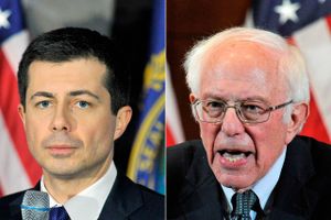 Tidligere borgemster fra South Bend, Indiana, Pete Buttigieg, og senator fra Vermont Bernie Sanders klarede sig bedst i demokraternes første primærvalg i Iowa. Det kunne mærkes, da de demokratiske præsidentkandidater natten til lørdag dansk tid tørnede sammen ved en ny tv-debat. Foto: Joseph PREZIOSO/AFP)