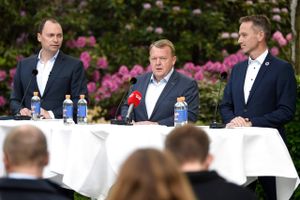 Tommy Ahlers, Lars Løkke Rasmussen og Kristian Jensen ved Venstres pressemøde. Foto: Liselotte Sabroe/Ritzau Scanpix