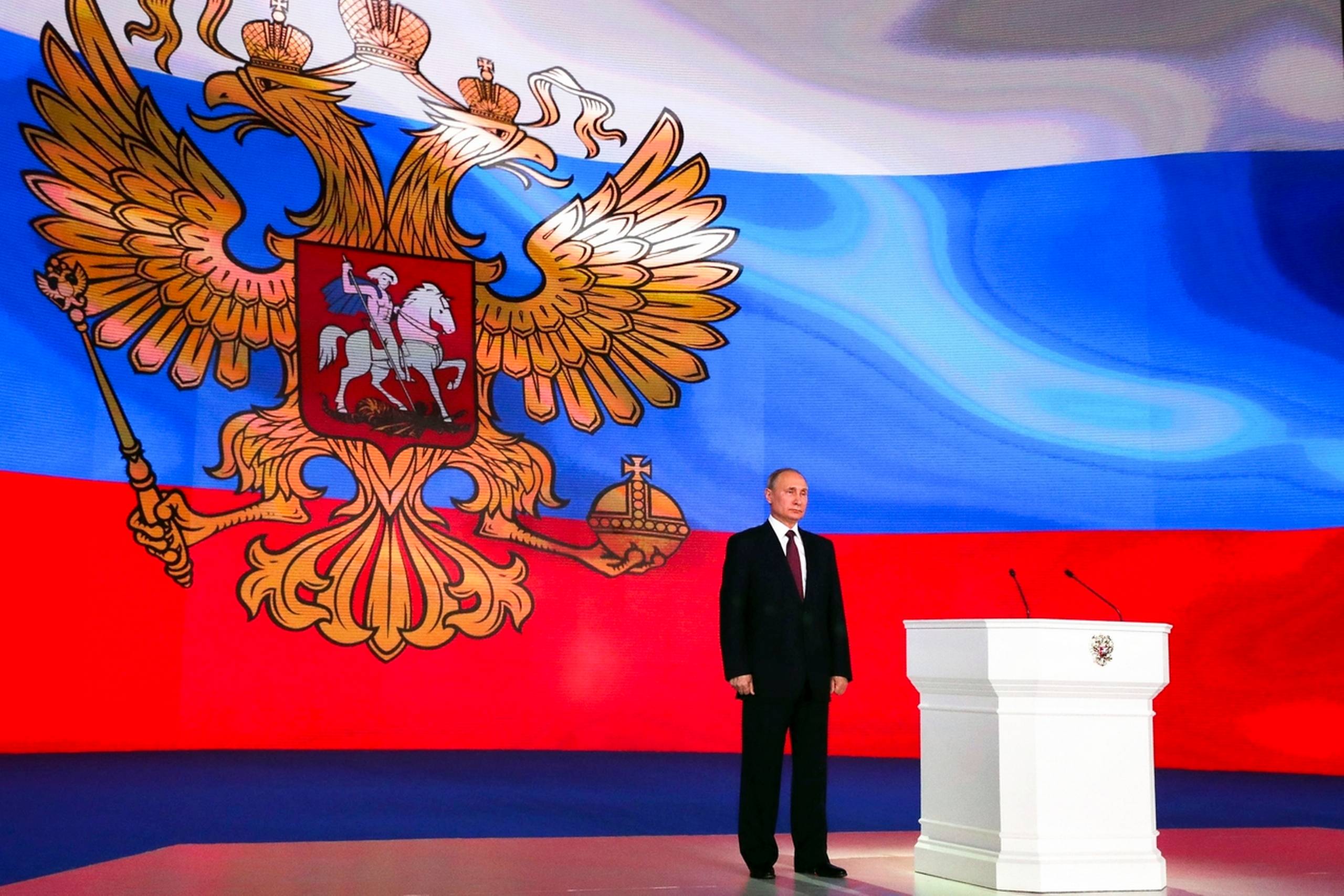 Præsident Vladimir Putin under sin årlige tale til nationen. Foto: AP/Mikhail Klimentyev