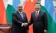 Kinas præsident, Xi Jinping, giver hånd med Djiboutis præsident, Ismail Omar Guelleh, efter underskrivelsen af en handelsaftale i november. Kina bejler til mange udviklingslande - en gældsfælde kan blive resultatet.  Foto: Jason Lee/Pool photo via AP
