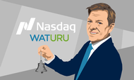Waturu-direktør Toke Reedtz ringede symbolsk med klokken i maj 2019, da selskabet blev noteret på vækstbørsen First North. Nu bliver selskabet undersøgt af Finanstilsynet for markedsmanipulation. Illustration: Anders Vester Thykier