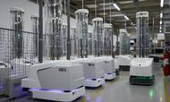 Det er disse maskiner, som den kommende tid skal sendes ud til europæiske hospitaler fra den odenseanske virksomhed UVD Robots. Foto: UVD Robots