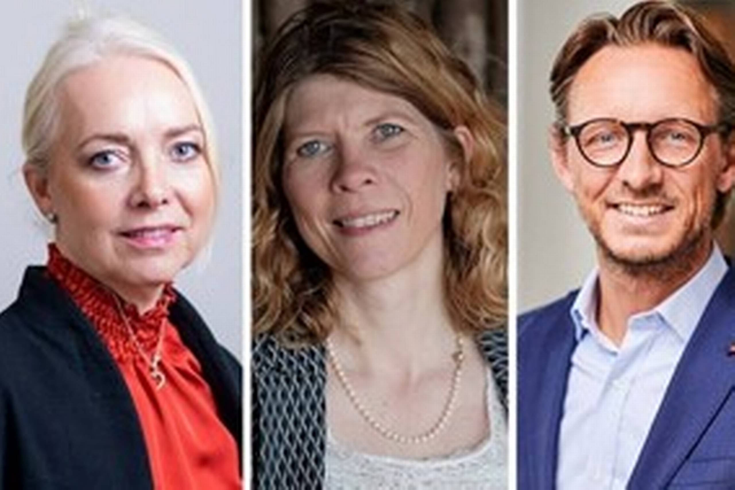 Lene Juel, stifter af Paragraf Plus (tv.), Berit Møller Lenschow, stifter af Erstatningsretten, og Jens Bang Liebst, stifter af Aumento, er alle med i ny mentorordning. Foto: PR