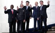 TIlbage i 2019 var BRIKS-landene stadig "hotte" blandt danske virksomheder. Her er BRIKS-landenes ledere samlet ved topmødet i 2019 i Brasilien. De er fra højre Brasiliens præsident, Jair Bolsonaro, Ruslands Vladimir Putin, Kinas Xi Jinping, Indiens Narendra Modi og Cyril Ramaphosa fra Sydafrika. Foto: Ueslei Marcelino/Reuters
