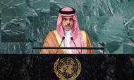 Saudi-Arabiens udenrigsminister Faisal bin Farhan under sin tale ved FN's generalforsamling i New York. Foto: REUTERS/Eduardo Munoz