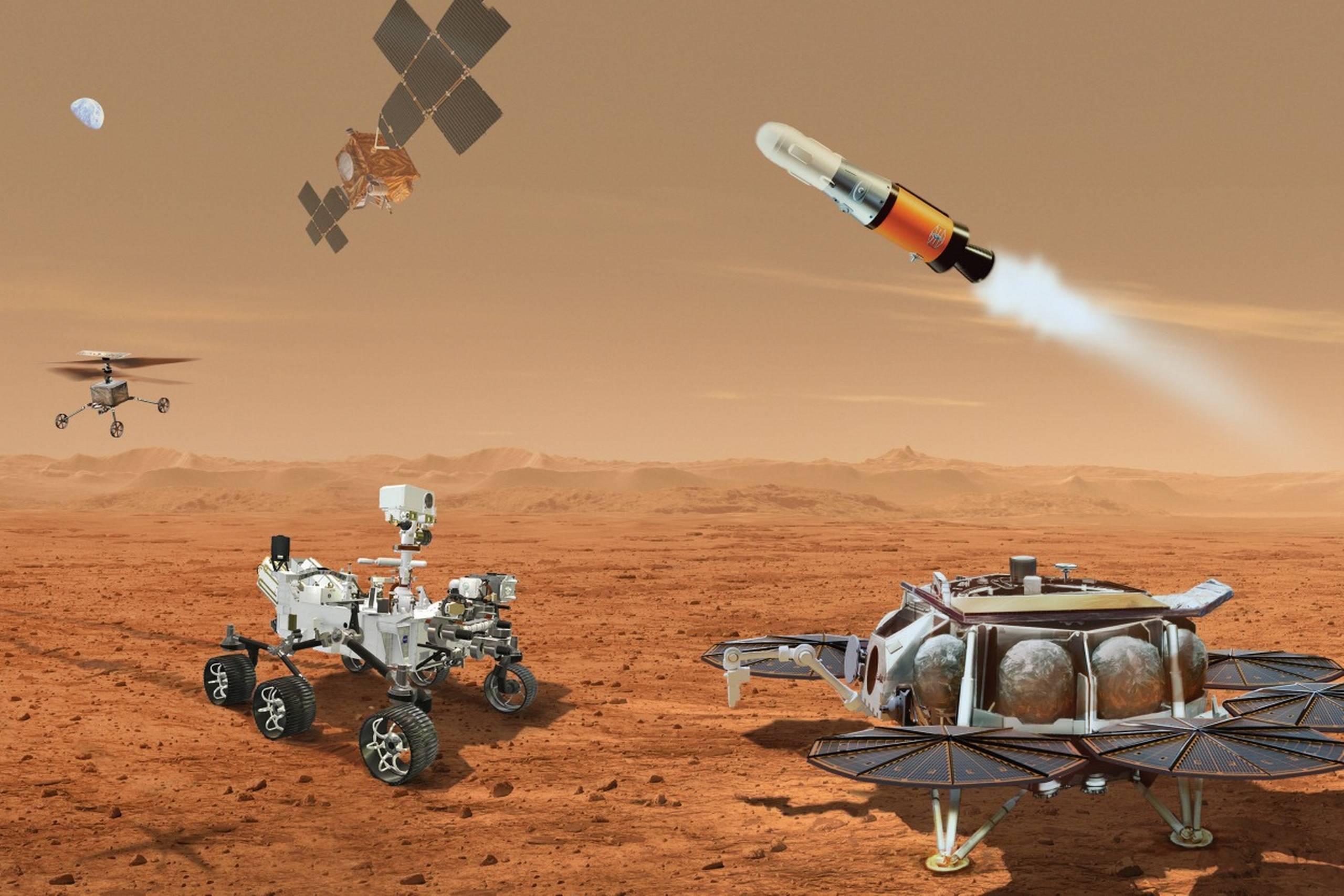 Mars-bilen Perseverance (t.v.) kører lige nu rundt og samler sten ind på Mars. Et fremtidigt projekt skal ved hjælp af et nyt rumskib på Mars sende nogle af disse sten retur til jorden, med planlagt ankomst omkring 2033. Projektet er dog blevet så dyrt, at det måske aldrig bliver gennemført. Illustration: Nasa