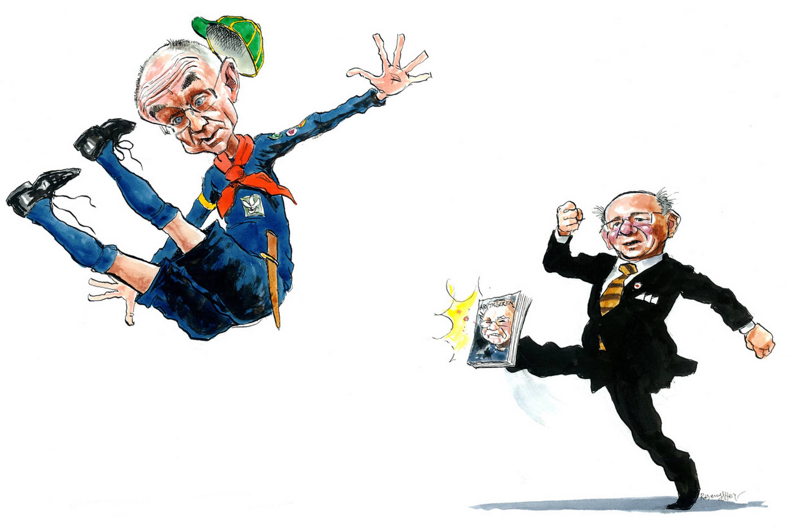 Lars Kolind tabte i 2011 magtkampen om Grundfos til Niels Due Jensen. Det skete, efter at Kolind havde langet ud efter Due Jensen i bogen Arvtageren. Tegning: Rasmus Sand Høyer