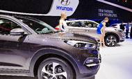 Hyundais Tucson-model blev præsenteret på International Motors Show i Geneve i 2015.  Bilen er blevet indregistreret i Danmark til værdier på helt ned til 91.302 kroner, selv om listeprisen er mere end tre gange så stor.  Foto: Rene Fluger/CTK via AP