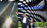 Amazons grundlægger, Jeff Bezos, fremviser en Blue Origin raket. Foto: AP Photo/Phelan M. Ebenhack