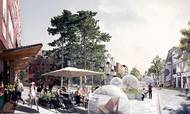 Københavnsk byliv skal erstatte det grå og halvtomme område ved Bella Center og Bella Sky i Ørestaden, hvor der ikke er meget andet at se end parkerede biler. Illustration: Cobe og Vilhelm Lauritzen Arkitekter