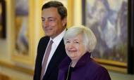 Den europæiske centralbankchef, Mario Draghi, og Fed-chefen, Janet Yellen, ved Jackson Hole-topmødet i 2014. Foto: John Locher